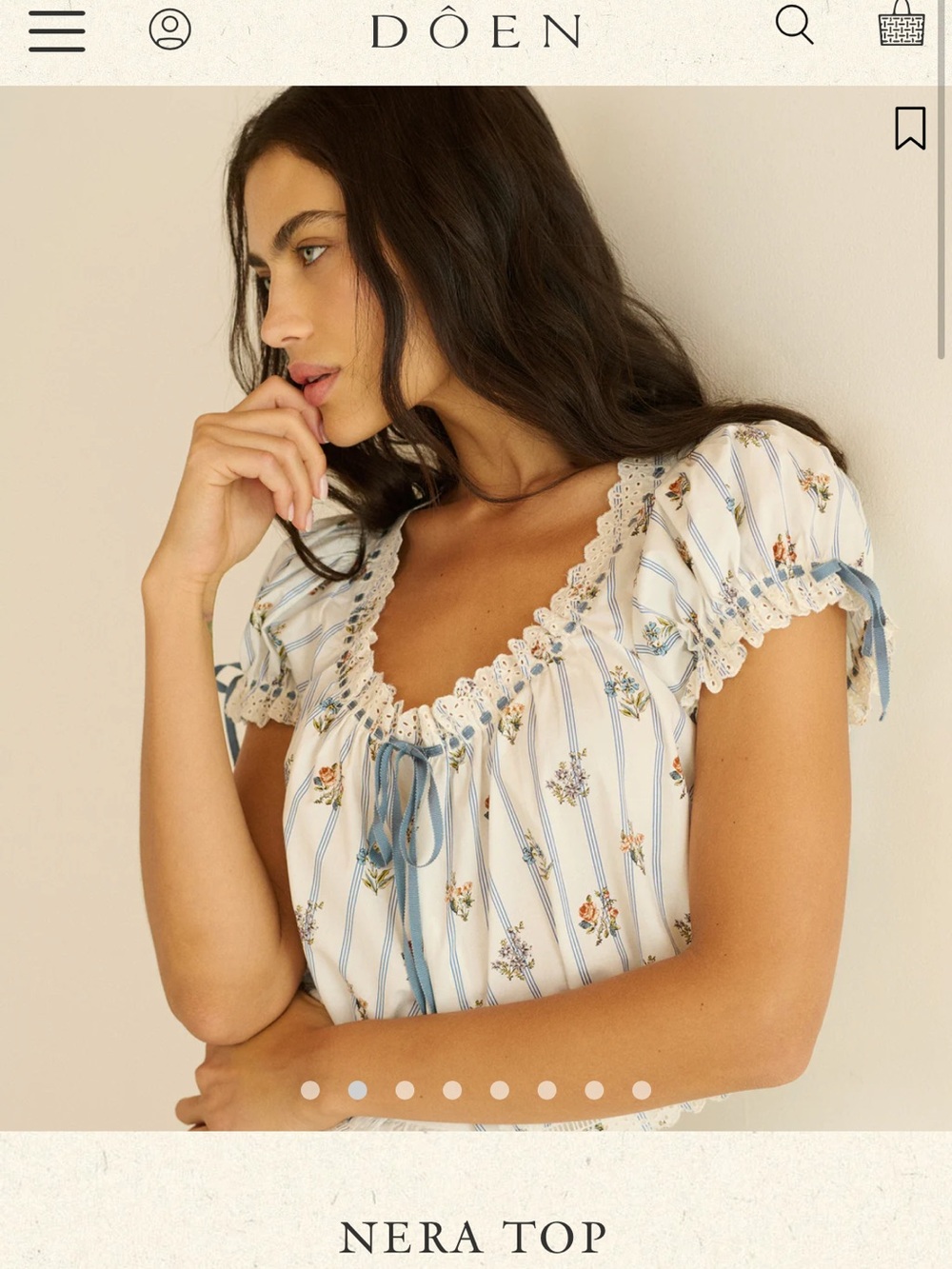 Doen Nera Top — Cream with Blue Floral Stripes